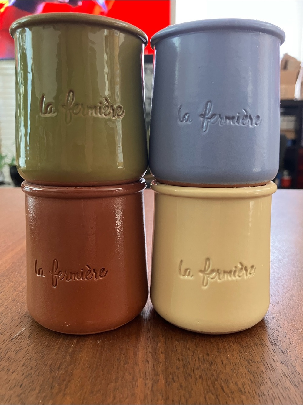 La Fermière Ceramic Yogurt Pots Set in Green, Blue, Brown, and Cream